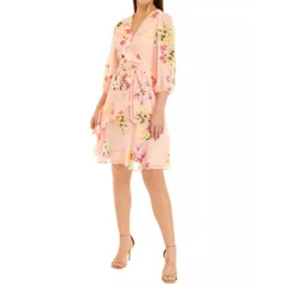 Julian Taylor Blosen Sleeve Floral Chiffon Ruffle Wrap Dress